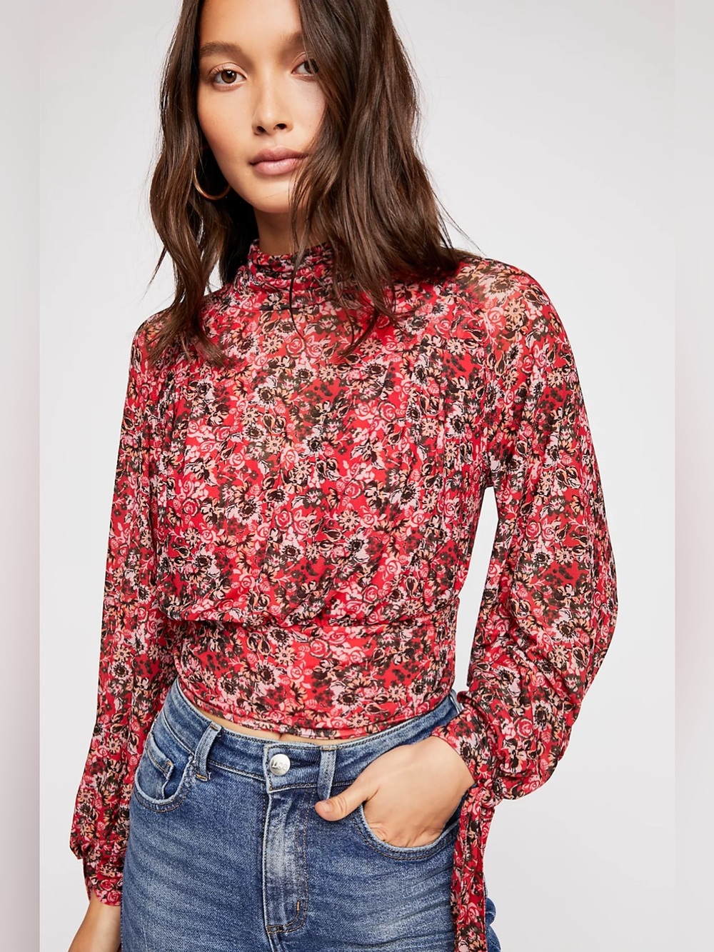 Free People All Dolled Up Red Floral Mock Neck Blouse Mesh